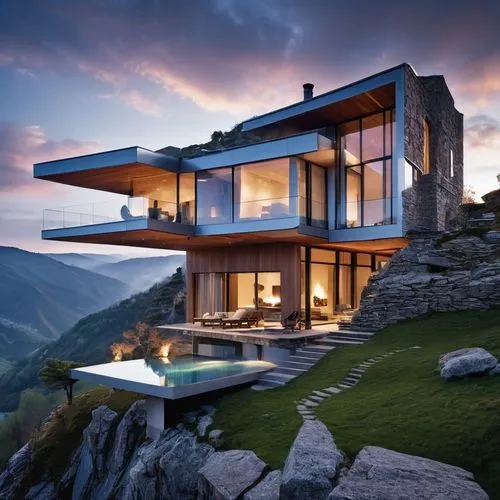 A huge dragon climbs out of a chasm and looms over a house. Foggy atmosphere and ghostly light. A striking modern villa set on the edge of a mountain cliff, featuring cantilevered living spaces that e