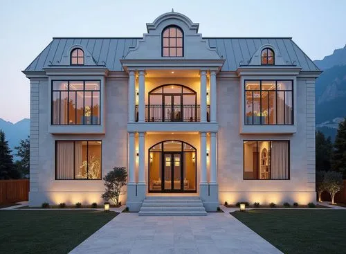 Photorealistic architectural visualization of a luxury 2-story square-shaped residental building. First floor height 5m with tall arched windows, second floor height 5m. Classical architectural style 