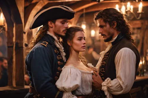 Lovers in pirate outfits, standing closely together in a pirate tavern, in the style of lively tavern scenes, marta bevacqua, portraiture with emotion, gaston bussière, portraits with soft lighting, u