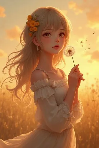 A highly detailed digital anime illustration of a young woman with an ethereal and serene presence, gently holding a dandelion close to her lips, as if about to blow its seeds into the wind. She has l