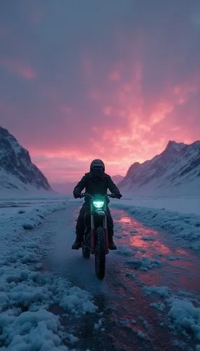 a man rides a motorcycle in the middle of the road, with his front lights turned on,arctic,motorbike,snowmobiling,avalanche,blue motorcycle,frozen lake,adventurist,snowmobile,dusk,snowmobiles,motorcyc