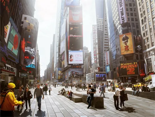 new york city,people walking around a large urban city with various billboards and signs,time square,times square,new york streets,megapolis,pedestrianized,manhattan