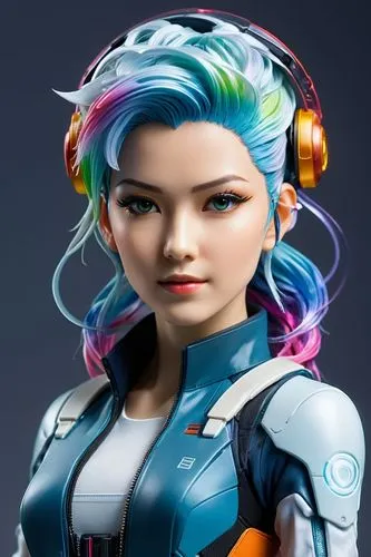 Beautiful Japanese fashion model with rainbow hair and preppy casual wear, ethereal dreamy mist, posing in a fashion pose. Kinship Magazine. Gentle smile,a toy woman with colorful hair wearing headpho