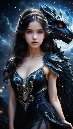 beautiful goddess of the night, sparkling dark beautiful hair, black dragon spirit, young beautiful girl 14 years old, beautiful eyes, beautiful lips, beautiful sparkling goddess dress decorated with 