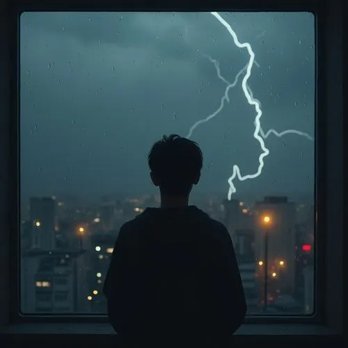 A person looking out the window in cloudy weather and raindrops falling on the window is a classic scene that is often paired with lo-fi music. The occasional flash of lightning or a blurry cityscape 
