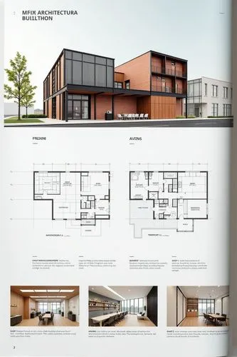A professional architectural presentation board with a Pure background and a clean, minimalist design layout. The board includes:

Top Section: On the top left, a photorealistic render of a contempora