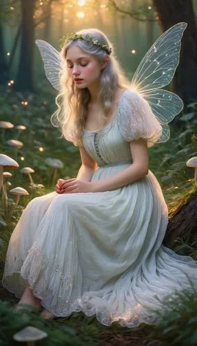 tearful fairy, delicate wings, sparkling dust, wavy silver hair, pale skin, rosy cheeks, shimmering eyelashes, glittering tears, flowing white dress, lace trim, puffy sleeves, bare feet, sitting on a 