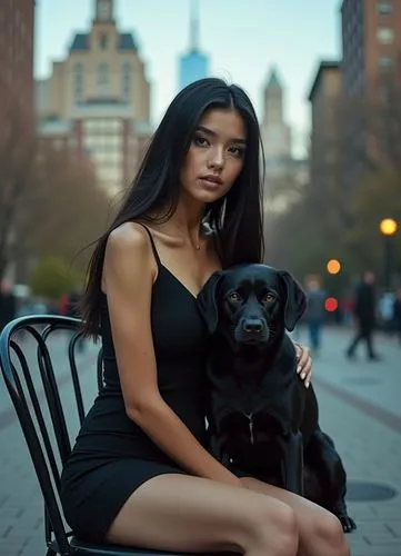 a photograph full body of a beautiful caucasian young woman 23 years old, long black hair, wearing a black minidress whit a neckline, she is sitting on a chair whit a beautiful black dog on her lap,