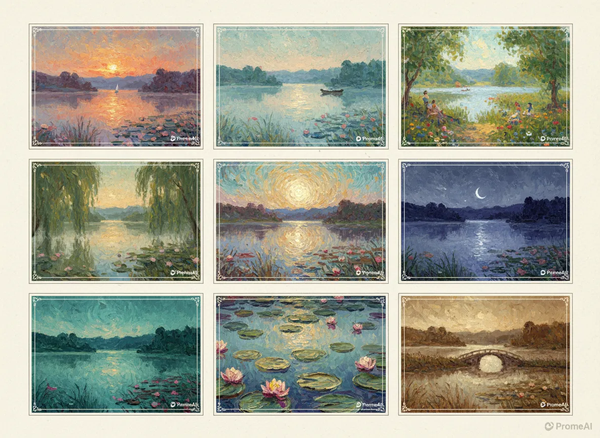 Ein Raster mit neun verschiedenen Variationen impressionistischer Plakatkunst einer ruhigen Seeszene, alle von PromeAI aus einem einzigen Prompt generiert, was Geschwindigkeit und Vielfalt zeigt.