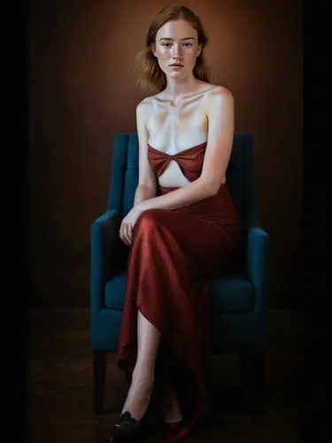 A young lady in true elegance with light freckles in red and brown from the neck down almost to the chest.,a woman wearing a dress posing for a po,portrait background,valorie,niffenegger,saoirse,portr
