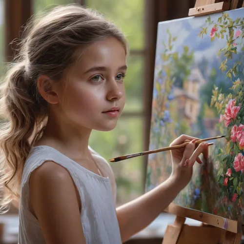 girl painting,flower painting,girl in flowers,girl picking flowers,beautiful girl with flowers,painting technique,girl in the garden,art painting,photo painting,flower art,child portrait,meticulous pa
