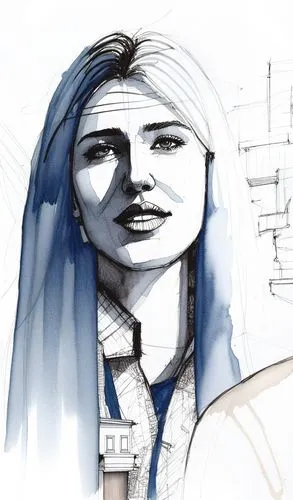 a woman in a blue tie and a drawing on paper,blue jasmine,female doctor,girl with a pearl earring,drawing mannequin,sketching,frame drawing