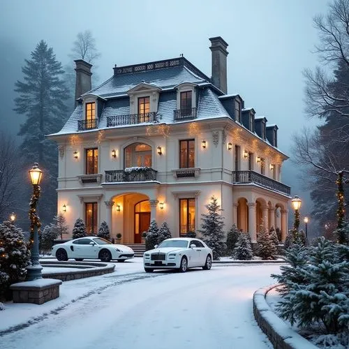 Snow-covered luxury mansion in a French neoclassical style, surrounded by a serene winter landscape. The mansion features a light cream facade with intricate columns, ornate moldings, and tall arched 