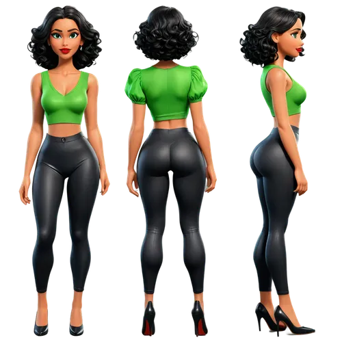 Create only high resolution images, pixar 3d, 4k, character sheet style, like a paper doll, A pose style. She must be wearing shiny black lycra leggings, a green cropped top t-shirt with a V-neck. On 