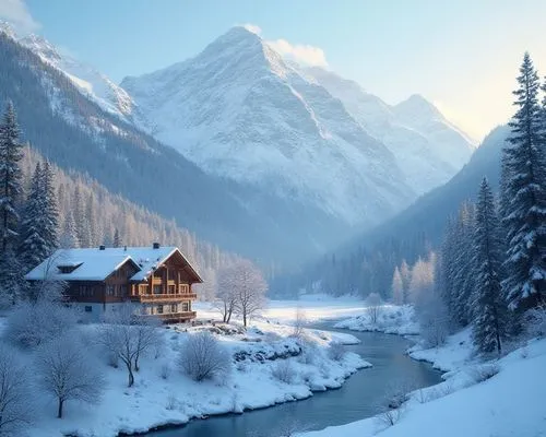 majestic snowcapped mountains with a swiss lodge with a valley of trees,a small lodge sits in the mountains near a river,house in mountains,house in the mountains,winter landscape,the cabin in the mou