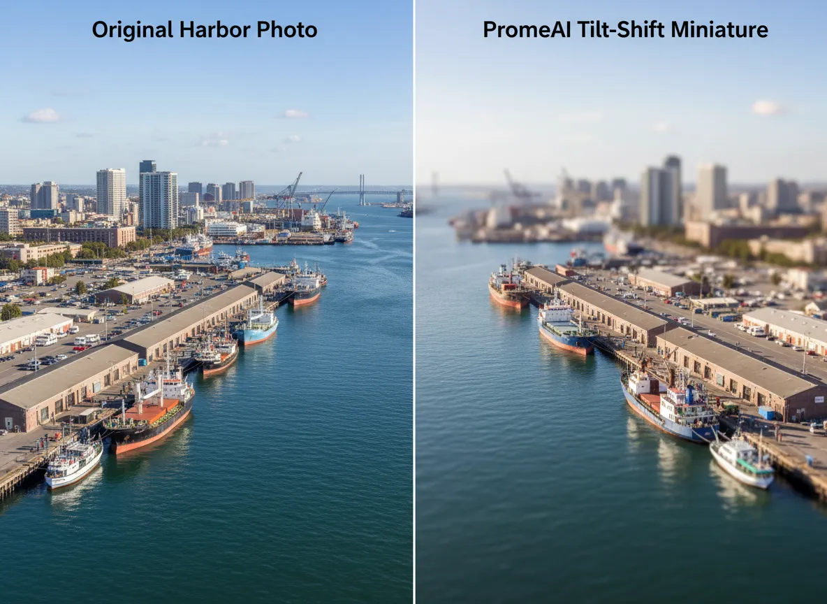 Ein Seite-an-Seite-Vergleich, der ein Standardfoto eines Hafens und dasselbe Bild zeigt, das von PromeAI mit dem Tilt-Shift-Effekt in eine Miniatur-Modellbootszene umgewandelt wurde.