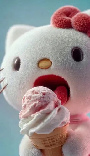 6.Hello Kitty is eating ice cream, a close-up of the plush toy's head and neck with an open mouth to show its tongue as it eats the cone filled with pink, white, and red-colored, creamy ice cream on a