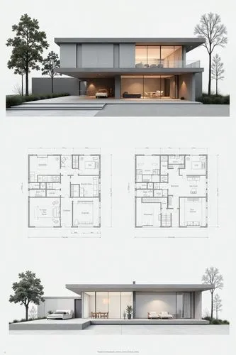 A professional architectural presentation board with a Pure background and a clean, minimalist design layout. The board includes:

Top Section: On the top left, a photorealistic render of a contempora