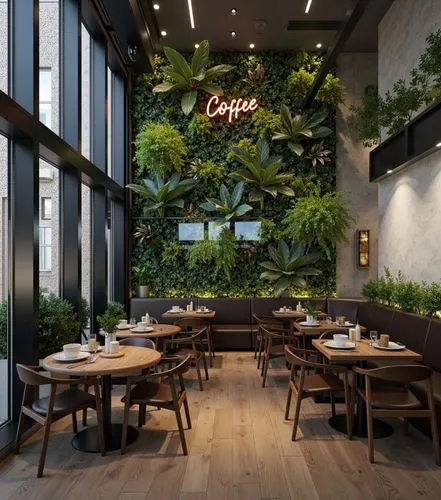 A lush cafe interior featuring a vertical garden wall with vibrant greenery and a neon 'Coffee' sign. Dark wooden furniture complements the modern, eco-friendly ambiance, creating a perfect blend of u