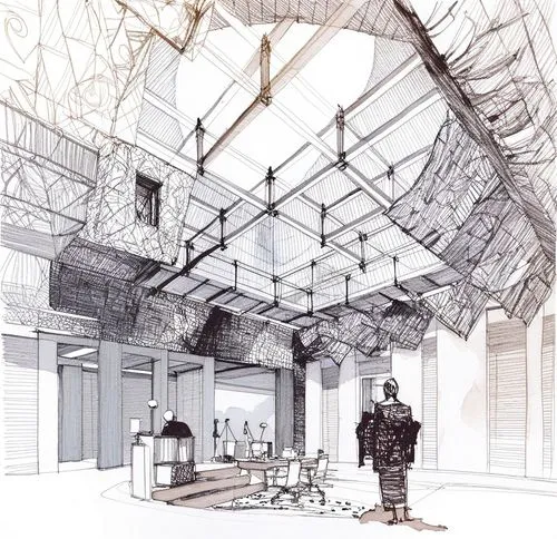 an artistic drawing showing the interior of a building,sketchup,revit,renderings,unbuilt,frame drawing,cochere