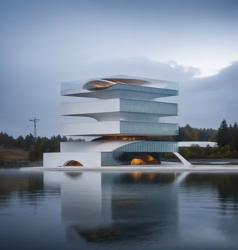 modern building by the lake,snohetta,futuristic art museum,futuristic architecture,modern architecture,morphosis,bjarke,house by the water,house with lake,aqua studio,dunes house,cantilevered,house of