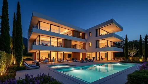 A modern multi-residential building with three to four stories, featuring sleek, minimalist architectural design. The facade is characterized by large glass windows, warm ambient lighting, and wooden 