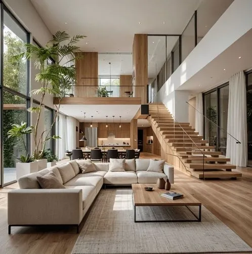 Use the uploaded sketch as the exact design reference.

Keep the original architecture unchanged. Preserve the floor plan, double-height living space, mezzanine, staircase position, window locations, 