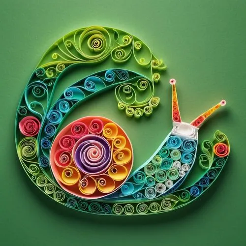 Craft illustration of two quilled colorful snails, on a green background, artisanal cartoon style, evoking cute art,,the intricate artwork is designed to resemble two snails,colorful spiral,colorful p