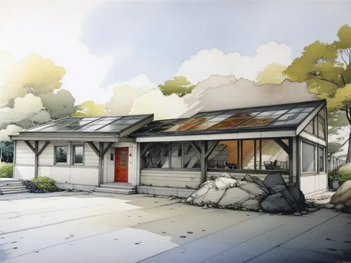the house is painted like this as it's a painting,prefabs,prefab,prefabricated,carport,pool house,frame house