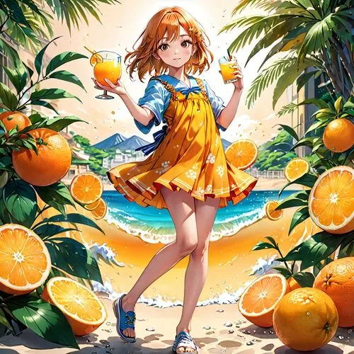 japanese style, manga, realistic,colors.summer,orange juice,a  holding an orange on top of a beach,citrus,oranges,mikan,lemon background,honoka,tangerines,Anime,Anime,General