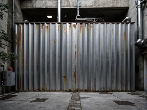 Industrial backdrop, rugged galvanized steel fa\u00e7ade, metallic sheen, oxidized finishes, brutalist architecture, urban landscape, cityscape, concrete foundations, exposed ductwork, industrial pipe