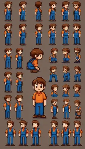 Sprite sheet, 8-bit pixel art style, retro game character, boy, blue shirt, orange pants, messy brown hair, curious expression, various poses,pam trees,escapists,pam,lumberjack pattern,character anima