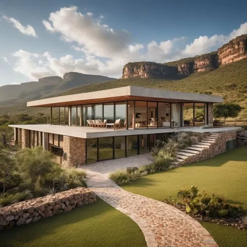 Casa de dois andares em estilo industrial, localizada em uma planície aberta próxima a uma montanha. A estrutura possui elementos típicos do estilo industrial, como tijolos aparentes, grandes janelas 