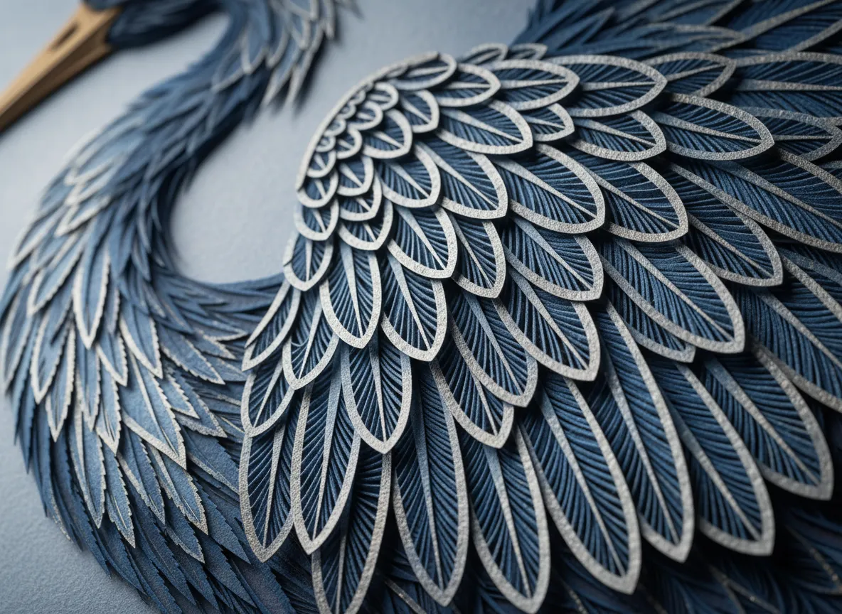 Nahaufnahme eines KI-generierten Kunstwerks, die den feinen, komplizierten Papierschnitt-Effekt an den Rändern der Federn eines Vogels hervorhebt.