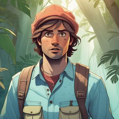 Lost Explorer: A bold and adventurous young man in his early thirties, with a determined gaze and a thirst for discovery, navigating the dangers of the wild with unwavering courage. Jungle Scholar: A 