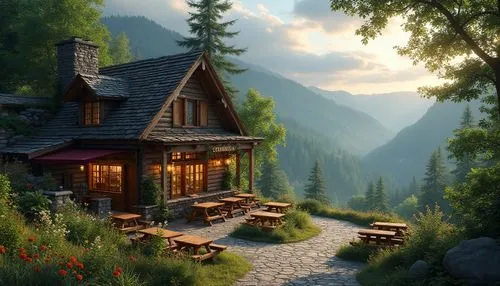 Mountainous landscape, pub regionalism design, rustic wooden building, stone walls, sloping roof, chimney puffing out smoke, lush green trees surrounding, misty atmosphere, warm sunlight peeking throu