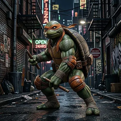 Micelangelo, Teenage Mutant Ninja Turtles, Professional Kader, hyper realistic, ultra detailed photograph, captured with a 85mm lens, f4. 6, bokeh, ultra detailed, ultra accurate detailed, urban setti