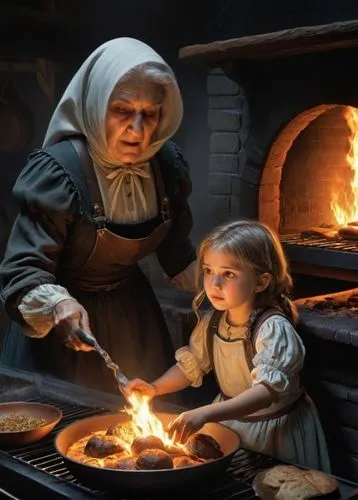 Old witch's face, old hands,dwarf cookin,little girl and mother,girl in the kitchen,woman holding pie,gingerbread maker,girl with bread-and-butter,children's stove,geppetto,pulcinella,housemother,cook
