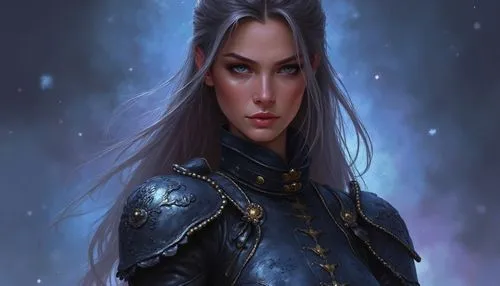 A detailed digital illustration of a woman in an advanced fashion. Her fierce expression captures the viewer's attention at her intricate silver and leather armor, blending into her outfit. She wears 