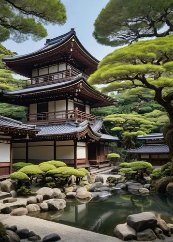 Edo-Tokyo Open Air Architectural Museum, traditional Japanese architecture, Meiji era, beautiful wooden structures, tiled roofs, sliding doors, engawa verandas, tatami mats, shoji screens, tranquil ga