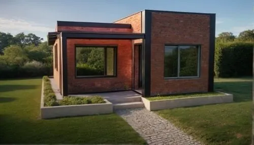 marcos de la ventana de aluminio blanco ,a small house is shown in the middle of a green yard,cubic house,frame house,cube house,clay house,danish house,model house,inverted cottage,crematorium,modern