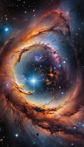 A breathtaking cosmic scene featuring a vibrant galaxy at the center, surrounded by swirling galaxies and vibrant nebulae. The black hole emits a radiant glow, illuminating the surrounding cosmic dust