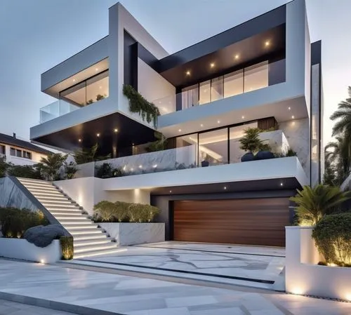 luxurious white marble exterior facade, white marble creative driveway paving,this modern house has multiple levels, two balconies and plenty of windows that open onto the yard,modern house,modern arc