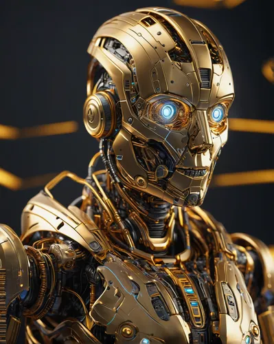 Gold robotic sculpture, deconstructive, cracked, detailed costumes,c-3po,cyborg,cybernetics,ironman,cinema 4d,ai,robotic,artificial intelligence,robot icon,bot,iron man,gold paint stroke,yellow-gold,r