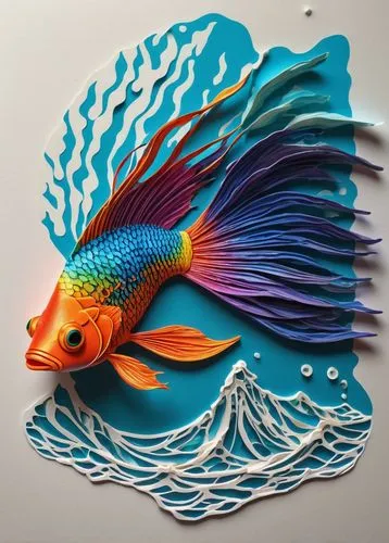 3D視覺效果一張的平面素描紙側拍視覺效果，中間小區塊噴發出海浪細節詳細跳躍出一隻七彩琉璃鬥魚細膩的鱗片自由的暢遊在海上3D視覺效果超現實主義旁邊有一隻筆跟一隻貓,鬥魚,fighting fish,ornamental fish,fish in water,koi fish,3d art,discus fish,Conceptual Art,Daily,Daily 01