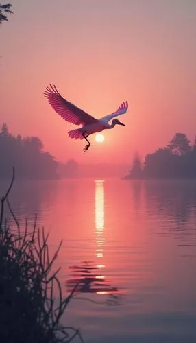 A distant big big pink bird is flying above a lake towards the sunset at the horizon line,a bird flying over the water in the evening,heron,blue heron,crane bird flying,beautiful bird,migratory bird,d