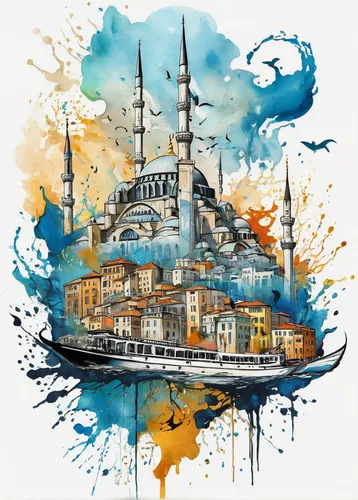 sketchbook style, layout of studies mixture of hand drawing skethes and water color skethes in variety of different scales of fantastical cityscape (istanbul) where mythical creatures coexist with fut