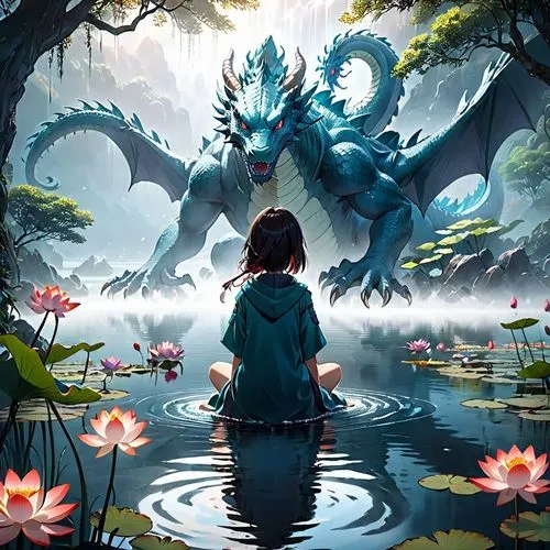 a child sitting in a lake and looking at a dragon,fantasy picture,kindred,dragon of earth,water lotus,fantasy art,black dragon,lily pond,dragons,dragon,beautiful wallpaper,encounter,fairy world,dragon