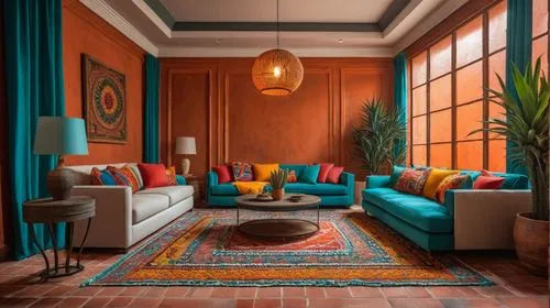 Modern Mexican Interior Design, Living Room, vibrant Mexican textiles, rustic terracotta tiles, lush indoor agave
,the living room has orange walls and blue couches,teal and orange,sitting room,living