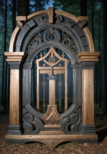 an intricate carved bench in the forest,wood gate,forest chapel,tabernacles,lychgate,stone gate,forest cemetery,old graveyard,front gate,gate,necropolis,portal,iron door,old cemetery,iron gate,farm ga
